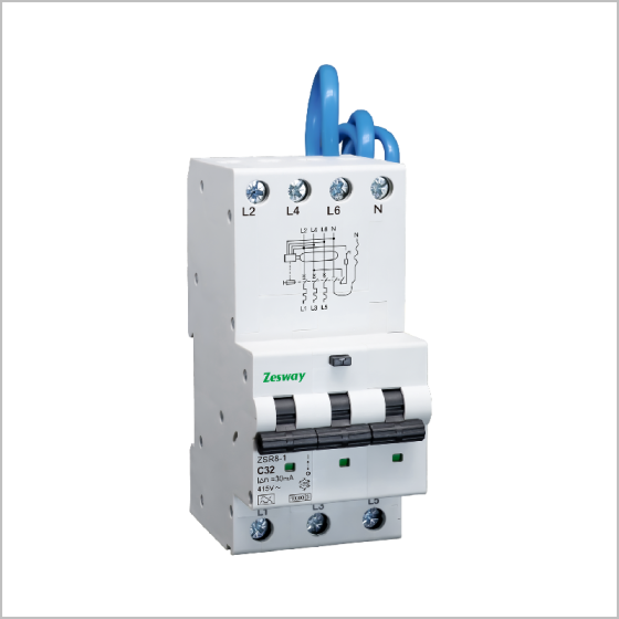 ZSR8-1，54mm,single Module residual current circuit breaker , with , overload protection 6kA,10kA , 3P+N, RCBO